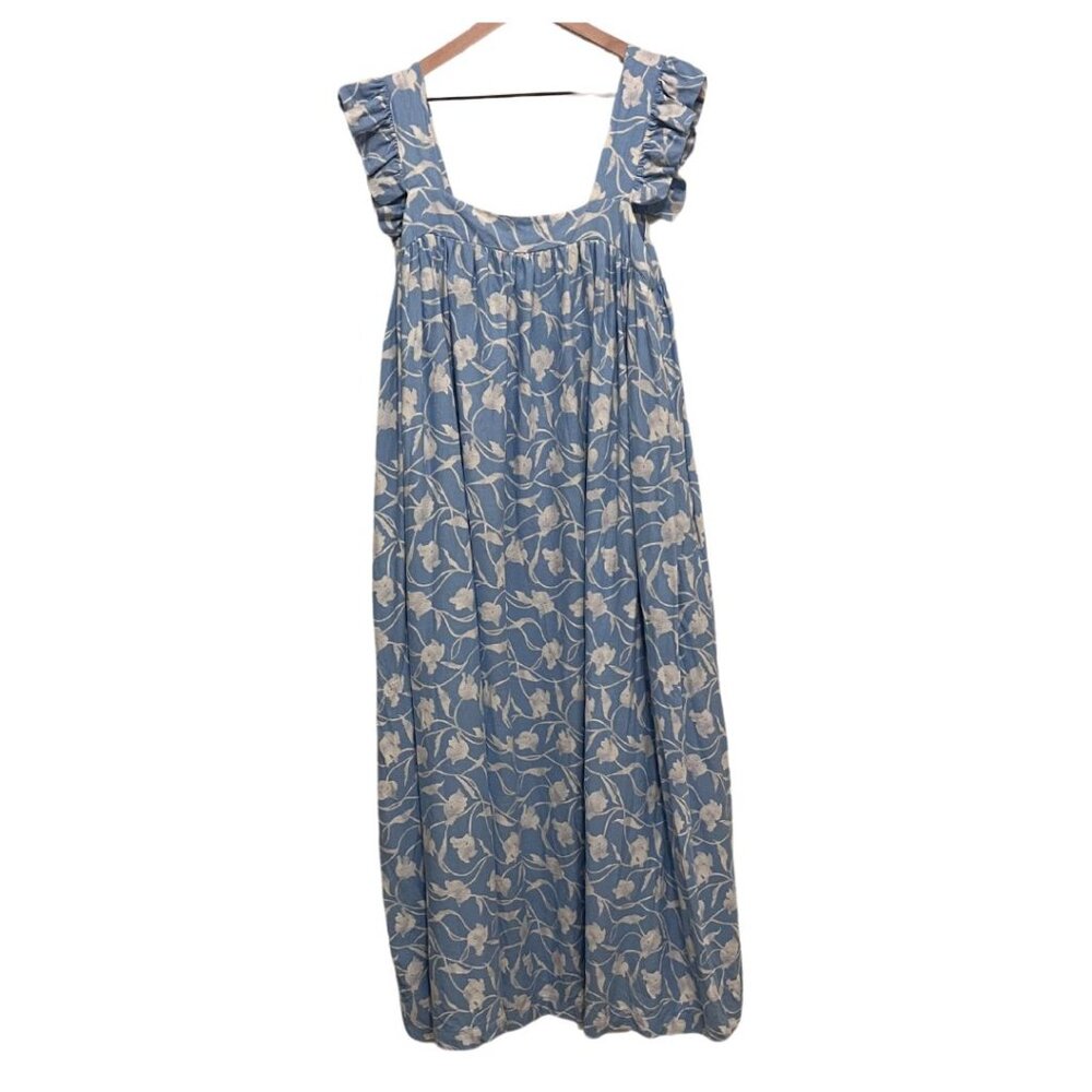 A New Day Blue Floral Linen Flutter Sleeve A-line Maxi Nap Dress Size Large